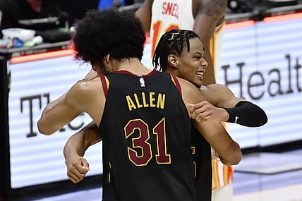 Feb 23, 2021; Cleveland, Ohio, USA; Cleveland Cavaliers center Jarrett Allen (31) and guard Isaac Okoro (35) celebrate after the Cavs beat the Atlanta Hawks at Rocket Mortgage FieldHouse. Mandatory Credit: Ken Blaze-USA TODAY Sports