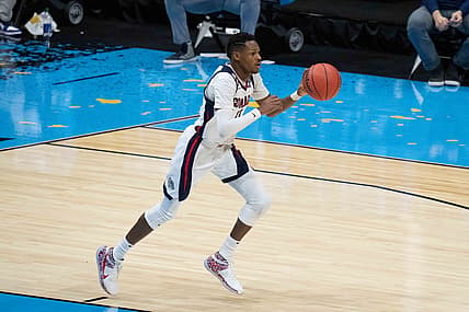 April 5, 2021; Indianapolis, IN, USA; Gonzaga Bulldogs guard Joel Ayayi (11) in the first half during the national championship game in the Final Four of the 2021 NCAA Tournament against the Baylor Bears at Lucas Oil Stadium. Mandatory Credit: Kyle Terada-USA TODAY Sports