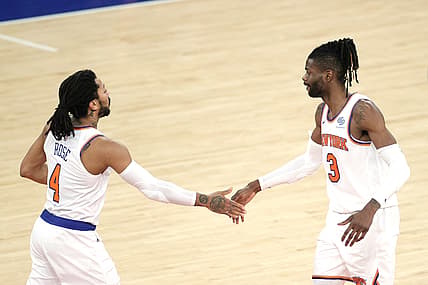 Apr 20, 2021; New York, New York, USA;  Nerlens Noel #3 and Derrick Rose #4 of the New York Knicks high-five during the second half against the Charlotte Hornets at Madison Square Garden. Mandatory Credit:  Sarah Stier/POOL PHOTOS-USA TODAY Sports