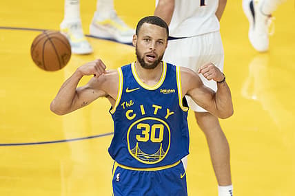 May 11, 2021; San Francisco, California, USA; Golden State Warriors guard Stephen Curry (30) celebrates after making a basket against the Phoenix Suns during the third quarter at Chase Center. Mandatory Credit: Kyle Terada-USA TODAY Sports