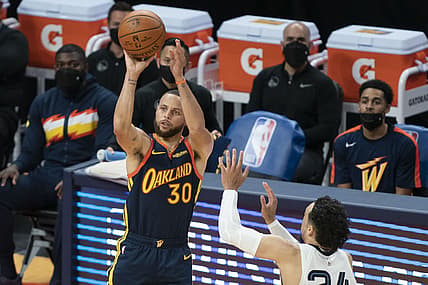 May 21, 2021; San Francisco, CA, USA; Golden State Warriors guard Stephen Curry (30) shoots the basketball against Memphis Grizzlies forward Dillon Brooks (24) during the third quarter at Chase Center. Mandatory Credit: Kyle Terada-USA TODAY Sports