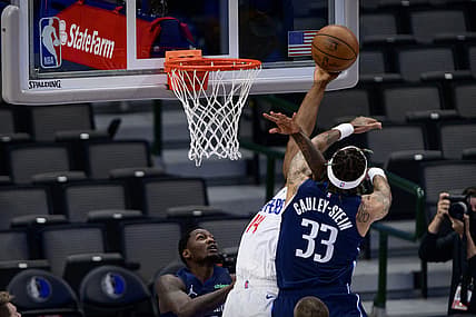 May 28, 2021; Dallas, Texas, USA; Dallas Mavericks center Willie Cauley-Stein (33) is called for a flagrant foul on LA Clippers guard Terance Mann (14) during the first quarter in game three in the first round of the 2021 NBA Playoffs at American Airlines Center. Mandatory Credit: Jerome Miron-USA TODAY Sports