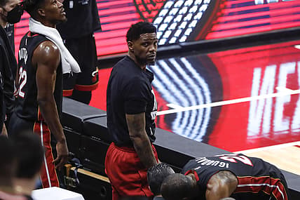 May 29, 2021; Miami, Florida, USA; Miami Heat forward Udonis Haslem (40) looks on from the bench after a loss to the Milwaukee Bucks in game four during the first round of the 2021 NBA Playoffs. at American Airlines Arena. Mandatory Credit: Sam Navarro-USA TODAY Sports