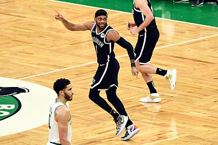 May 30, 2021; Boston, Massachusetts, USA; Brooklyn Nets forward Bruce Brown (1) reacts after scoring against the Boston Celtics during the second half of game four in the first round of the 2021 NBA Playoffs. at TD Garden. Mandatory Credit: Brian Fluharty-USA TODAY Sports