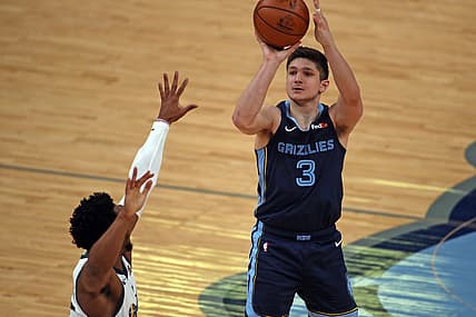 May 31, 2021; Memphis, Tennessee, USA; Memphis Grizzlies guard Grayson Allen (3) shoots for three during the second quarter during game four in the first round of the 2021 NBA Playoffs against the Utah Jazz at FedExForum. Mandatory Credit: Petre Thomas-USA TODAY Sports