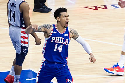 Jun 2, 2021; Philadelphia, Pennsylvania, USA; Philadelphia 76ers forward Danny Green (14) reacts against the Washington Wizards during the second quarter in game five of the first round of the 2021 NBA Playoffs at Wells Fargo Center. Mandatory Credit: Bill Streicher-USA TODAY Sports