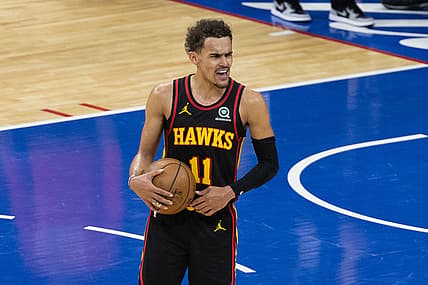 Jun 20, 2021; Philadelphia, Pennsylvania, USA; Atlanta Hawks guard Trae Young (11) reacts with fans in the closing seconds of a victory against the Philadelphia 76ers in game seven of the second round of the 2021 NBA Playoffs at Wells Fargo Center. Mandatory Credit: Bill Streicher-USA TODAY Sports