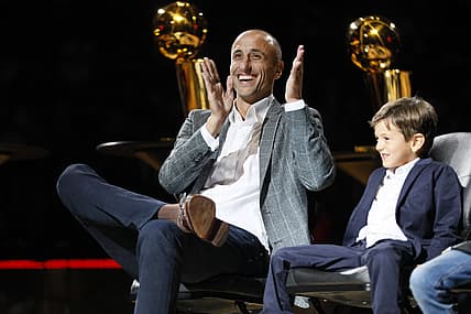 Mar 28, 2019; San Antonio, TX, USA; San Antonio Spurs former player Manu Ginobili reacts during his jersey retirement ceremony at AT&T Center after a game between the Cleveland Cavaliers and San Antonio Spurs. Mandatory Credit: Soobum Im-USA TODAY Sports