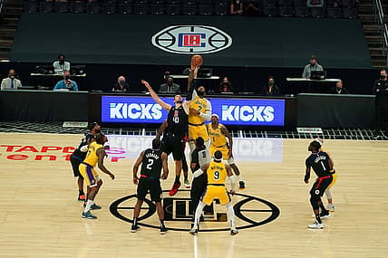 May 6, 2021; Los Angeles, California, USA; A general overall view of a jump ball  between Los Angeles Lakers center Andre Drummond (2) and LA Clippers center Ivica Zubac (40) in the second half at Staples Center. Mandatory Credit: Kirby Lee-USA TODAY Sports