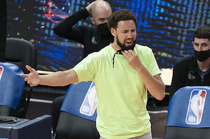 May 21, 2021; San Francisco, CA, USA; Golden State Warriors guard Klay Thompson (11) argues with an official against the Memphis Grizzlies during the second quarter at Chase Center. Mandatory Credit: Kyle Terada-USA TODAY Sports