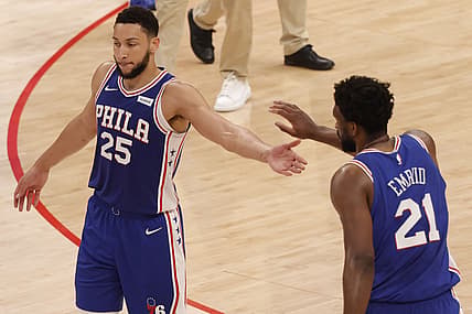May 29, 2021; Washington, District of Columbia, USA; Philadelphia 76ers center Joel Embiid (21) celebrates with 76ers guard Ben Simmons (25) against the Washington Wizards in the third quarter during game three in the first round of the 2021 NBA Playoffs at Capital One Arena. Mandatory Credit: Geoff Burke-USA TODAY Sports