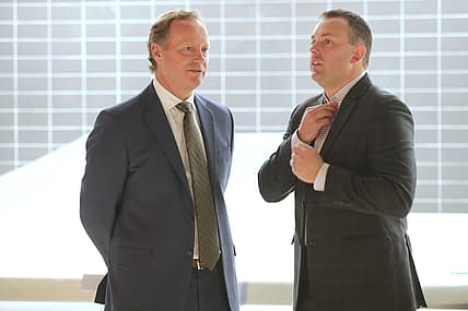 Bucks general manager Jon Horst (right) made several key off-season moves last summer, the biggest probably being hiring Mike Budenholzer as head coach.

Mjs Bucks22 Bucks Sisti Desisti 8413
