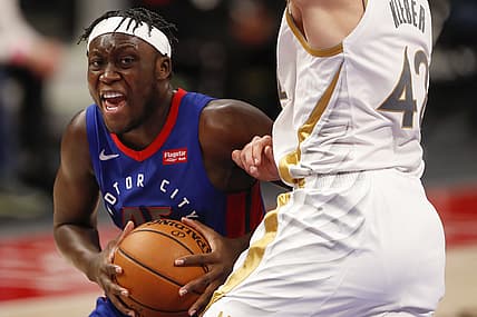 Apr 29, 2021; Detroit, Michigan, USA; Detroit Pistons forward Sekou Doumbouya (45) drives to the basket against Dallas Mavericks forward Maxi Kleber (42) during the fourth quarter at Little Caesars Arena. Mandatory Credit: Raj Mehta-USA TODAY Sports