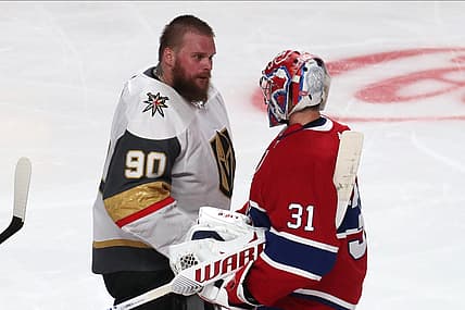 Jun 24, 2021; Montreal, Quebec, CAN; Montreal Canadiens goaltender Carey Price (31) and Vegas Golden Knights goaltender Robin Lehner (90) congratulate each other during an overtime period in game six of the 2021 Stanley Cup Semifinals at Bell Centre. Mandatory Credit: Jean-Yves Ahern-USA TODAY Sports