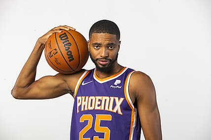 Sep 27, 2021; Phoenix, AZ, USA; Phoenix Suns forward Mikal Bridges poses for a portrait during media day at the Footprint Center. Mandatory Credit: Mark J. Rebilas-USA TODAY Sports
