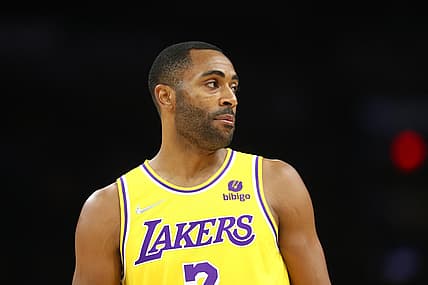 Oct 6, 2021; Phoenix, Arizona, USA; Los Angeles Lakers guard Wayne Ellington (2) against the Phoenix Suns during a preseason game at Footprint Center. Mandatory Credit: Mark J. Rebilas-USA TODAY Sports