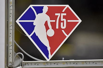 Oct 10, 2021; Cleveland, Ohio, USA; A general view of the NBA 75th Anniversary logo on a backboard at Rocket Mortgage FieldHouse. Mandatory Credit: David Richard-USA TODAY Sports