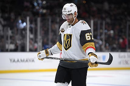 Oct 14, 2021; Los Angeles, California, USA; Vegas Golden Knights left wing Max Pacioretty (67) looks on during the second period against the Los Angeles Kings at Staples Center. Mandatory Credit: Orlando Ramirez-USA TODAY Sports