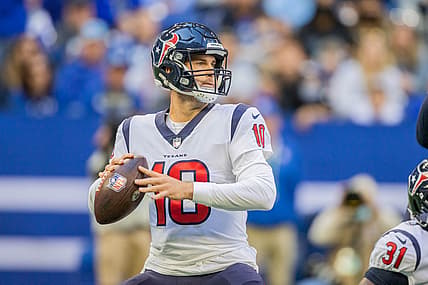 Oct 17, 2021; Indianapolis, Indiana, USA; Houston Texans quarterback Davis Mills (10) drops back to pass the ball in the first half against the Indianapolis Colts at Lucas Oil Stadium. Mandatory Credit: Trevor Ruszkowski-USA TODAY Sports