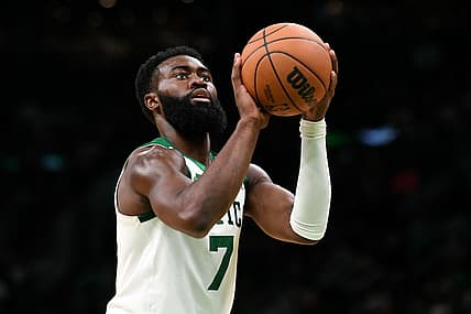 Oct 22, 2021; Boston, Massachusetts, USA; Boston Celtics guard Jaylen Brown (7) attempts a free throw against the Toronto Raptors during the second half at the TD Garden. Mandatory Credit: Brian Fluharty-USA TODAY Sports