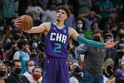 Oct 25, 2021; Charlotte, North Carolina, USA; Charlotte Hornets guard LaMelo Ball (2) reacts to a foul call during overtime against the Boston Celtics at the Spectrum Center. Mandatory Credit: Jim Dedmon-USA TODAY Sports