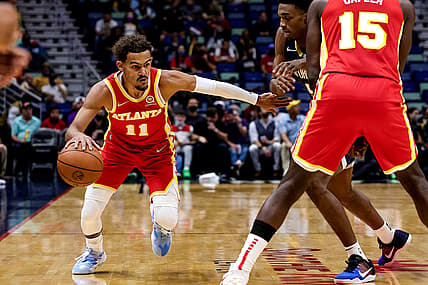 Oct 27, 2021; New Orleans, Louisiana, USA;   Atlanta Hawks guard Trae Young (11) dribbles against New Orleans Pelicans during the first half at the Smoothie King Center. Mandatory Credit: Stephen Lew-USA TODAY Sports