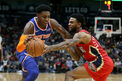 Oct 30, 2021; New Orleans, Louisiana, USA; New York Knicks guard RJ Barrett (9) is defended by New Orleans Pelicans guard Nickeil Alexander-Walker (6) in the second quarter at the Smoothie King Center. Mandatory Credit: Chuck Cook-USA TODAY Sports