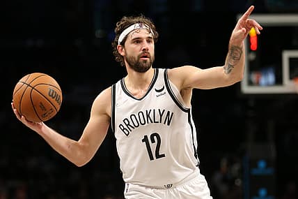 Oct 14, 2021; Brooklyn, New York, USA; Brooklyn Nets forward Joe Harris (12) controls the ball against the Minnesota Timberwolves during the fourth quarter at Barclays Center. Mandatory Credit: Brad Penner-USA TODAY Sports