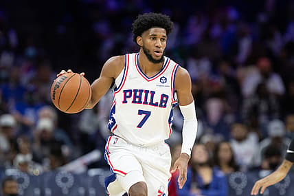 Oct 11, 2021; Philadelphia, Pennsylvania, USA; Philadelphia 76ers guard Isaiah Joe (7) in action against the Brooklyn Nets at Wells Fargo Center. Mandatory Credit: Bill Streicher-USA TODAY Sports