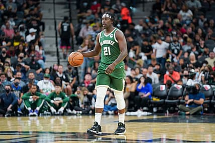 Oct 23, 2021; San Antonio, Texas, USA;  Milwaukee Bucks guard Jrue Holiday (21) dribbles in the first half against the San Antonio Spurs at the AT&T Center. Mandatory Credit: Daniel Dunn-USA TODAY Sports