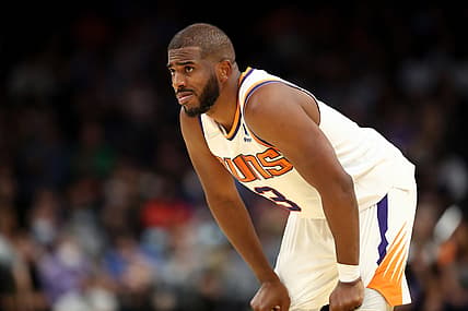 Oct 27, 2021; Phoenix, Arizona, USA; Phoenix Suns guard Chris Paul reacts against the Sacramento Kings in the second half at Footprint Center. Mandatory Credit: Mark J. Rebilas-USA TODAY Sports