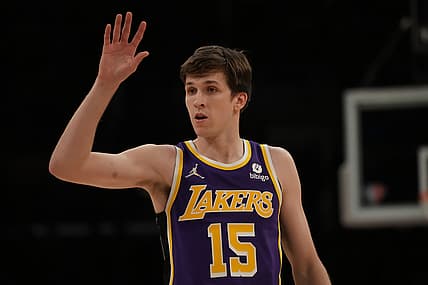 Oct 29, 2021; Los Angeles, California, USA; Los Angeles Lakers guard Austin Reaves (15) against the Cleveland Cavaliers during the second half at Staples Center. Mandatory Credit: Kirby Lee-USA TODAY Sports