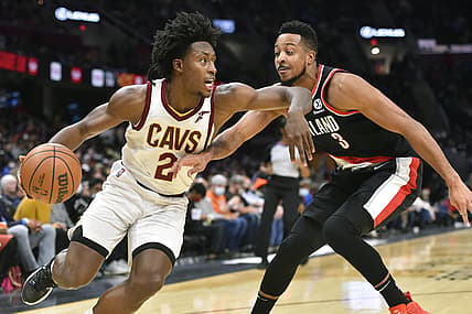 Nov 3, 2021; Cleveland, Ohio, USA; Portland Trail Blazers guard CJ McCollum (3) defends Cleveland Cavaliers guard Collin Sexton (2) in the third quarter at Rocket Mortgage FieldHouse. Mandatory Credit: David Richard-USA TODAY Sports