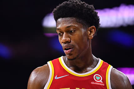 Oct 30, 2021; Philadelphia, Pennsylvania, USA; Atlanta Hawks forward De'Andre Hunter (12) looks on in the second quarter against the Philadelphia 76ers at Wells Fargo Center. Mandatory Credit: Kyle Ross-USA TODAY Sports