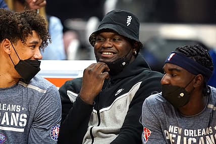 Nov 5, 2021; San Francisco, California, USA; New Orleans Pelicans forward Zion Williamson (1) sits on the bench during the second quarter against the Golden State Warriors at Chase Center. Mandatory Credit: Darren Yamashita-USA TODAY Sports