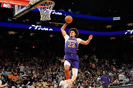 Nov 6, 2021; Phoenix, Arizona, USA; Phoenix Suns forward Cam Johnson (23) with a dunk against the Atlanta Hawks in the first half at Footprint Center. Mandatory Credit: Allan Henry-USA TODAY Sports