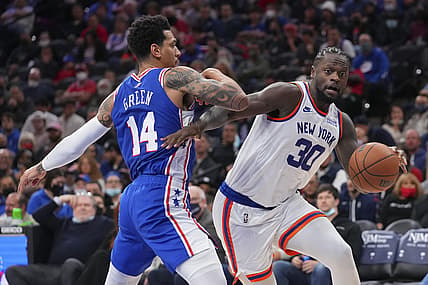 Nov 8, 2021; Philadelphia, Pennsylvania, USA; New York Knicks forward Julius Randle (30) drives to the basket against Philadelphia 76ers forward Danny Green (14) in the first half at the Wells Fargo Center. Mandatory Credit: Mitchell Leff-USA TODAY Sports