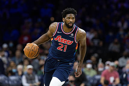 Nov 3, 2021; Philadelphia, Pennsylvania, USA; Philadelphia 76ers center Joel Embiid (21) plays against the Chicago Bulls during the first quarter at Wells Fargo Center. Mandatory Credit: Bill Streicher-USA TODAY Sports