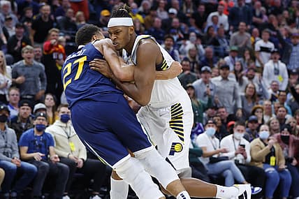 Nov 11, 2021; Salt Lake City, Utah, USA; Utah Jazz center Rudy Gobert (27) and Indiana Pacers center Myles Turner (33) get into a fight in the fourth quarter resulting in ejections for both players at Vivint Arena. Mandatory Credit: Jeffrey Swinger-USA TODAY Sports