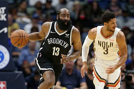 Nov 12, 2021; New Orleans, Louisiana, USA; Brooklyn Nets guard James Harden (13) dribbles up court during the first quarter against the New Orleans Pelicans at the Smoothie King Center. Mandatory Credit: Chuck Cook-USA TODAY Sports