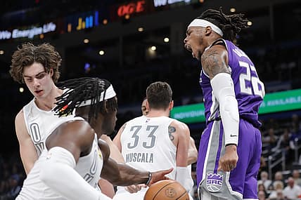 Nov 12, 2021; Oklahoma City, Oklahoma, USA; Sacramento Kings center Richaun Holmes (22) reacts after scoring against the Oklahoma City Thunder during the second quarter at Paycom Center. Mandatory Credit: Alonzo Adams-USA TODAY Sports