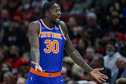 Nov 21, 2021; Chicago, Illinois, USA; New York Knicks forward Julius Randle (30) reacts after being called for a foul against the Chicago Bulls during the first quarter at United Center. Mandatory Credit: Jon Durr-USA TODAY Sports