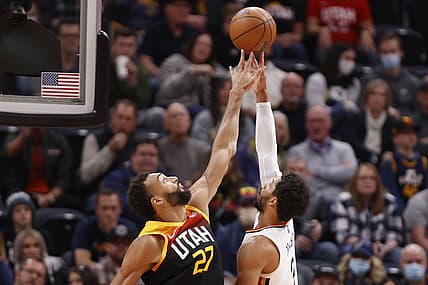 Nov 26, 2021; Salt Lake City, Utah, USA; Utah Jazz center Rudy Gobert (27) goes for the block on New Orleans Pelicans guard Josh Hart (3) in the first quarter at Vivint Arena. Mandatory Credit: Jeffrey Swinger-USA TODAY Sports