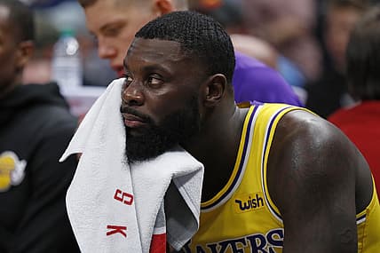 Mar 27, 2019; Salt Lake City, UT, USA; Los Angeles Lakers guard Lance Stephenson (6) sits on the bench in the fourth quarter in their loss to the Utah Jazz at Vivint Smart Home Arena. Mandatory Credit: Jeff Swinger-USA TODAY Sports
