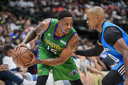 Aug 17, 2019; Dallas, TX, USA; 3 Headed Monsters point guard Mario Chalmers (15) and Power forward Corey Maggette (50) during the game at the American Airlines Center. Mandatory Credit: Jerome Miron-USA TODAY Sports