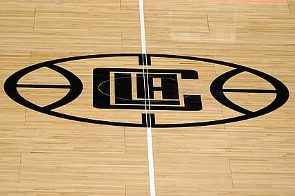 Feb 15, 2021; Los Angeles, California, USA; A detailed view of the LA Clippers logo at center court at Staples Center. Mandatory Credit: Kirby Lee-USA TODAY Sports