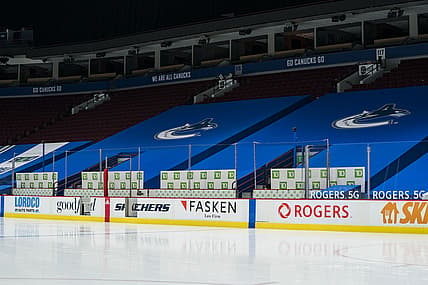 Mar 31, 2021; Vancouver, British Columbia, CAN; A general view of an empty Rogers Arena after the game between the Calgary Flames and Vancouver Canucks scheduled for Wednesday was postponed due to COVID-19. Mandatory Credit: Bob Frid-USA TODAY Sports