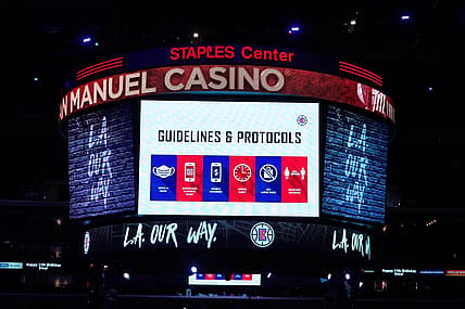 May 6, 2021; Los Angeles, California, USA; COVID-19 health and hygiene protocols are displayed on the Staples Center during the NBA game between the LA Clippers and the Los Angeles Lakers. Mandatory Credit: Kirby Lee-USA TODAY Sports