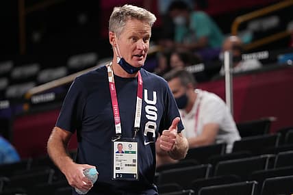 Aug 4, 2021; Saitama, Japan; USA men's basketball assistant coach Steve Kerr watches as the USA women's basketball team plays Australia during the Tokyo 2020 Olympic Summer Games at Saitama Super Arena. Mandatory Credit: Kyle Terada-USA TODAY Sports