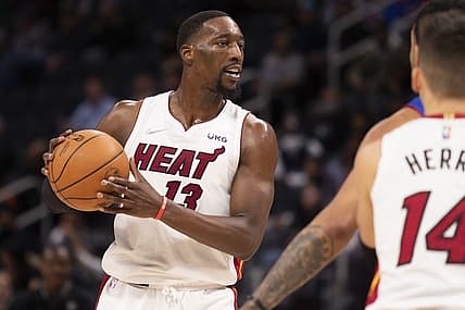 Nov 23, 2021; Detroit, Michigan, USA; Miami Heat center Bam Adebayo (13) holds the ball during the second quarter against the Detroit Pistons at Little Caesars Arena. Mandatory Credit: Raj Mehta-USA TODAY Sports